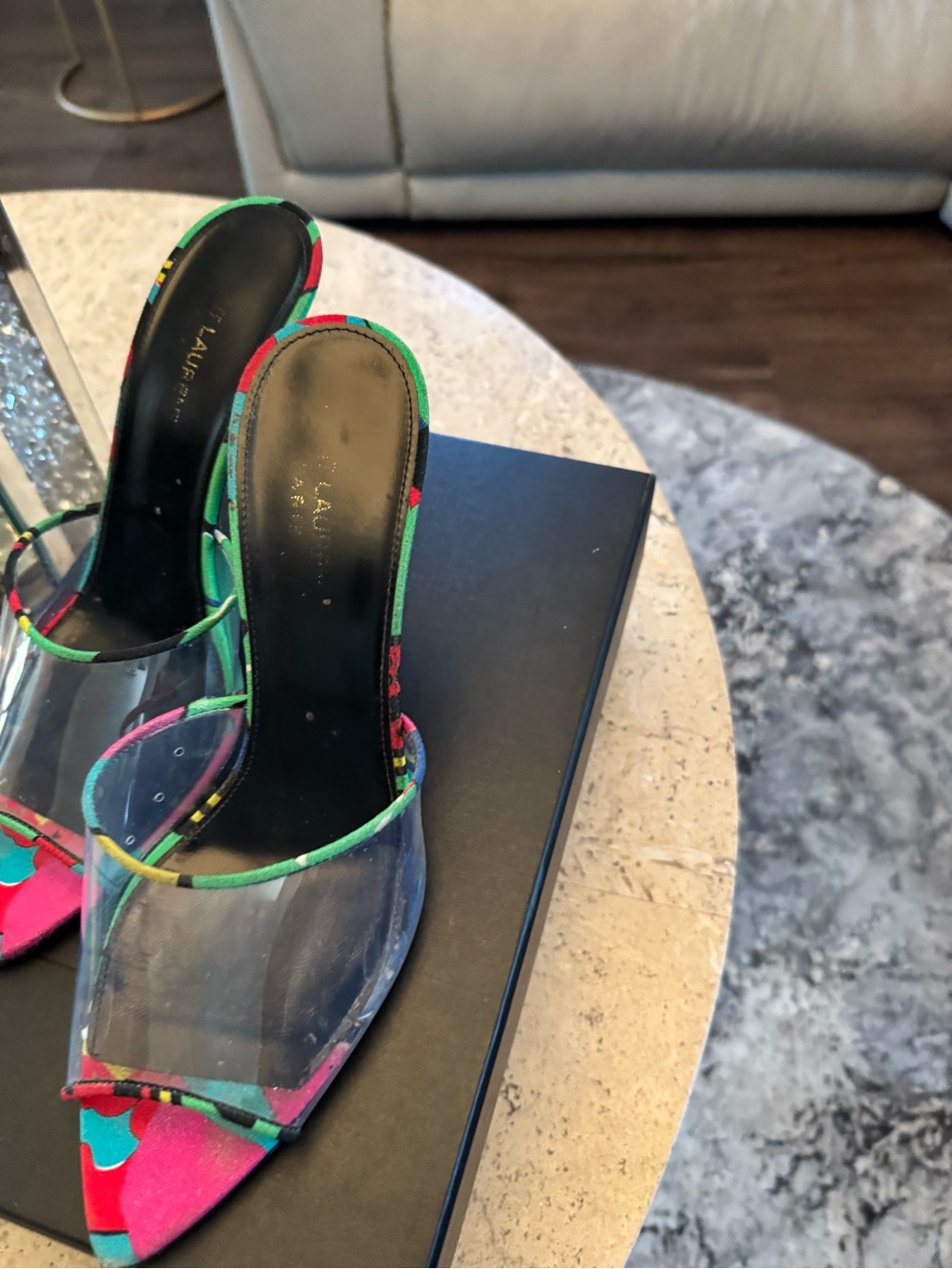 Saint Laurent Printed Pvc Mule Heels Sandals